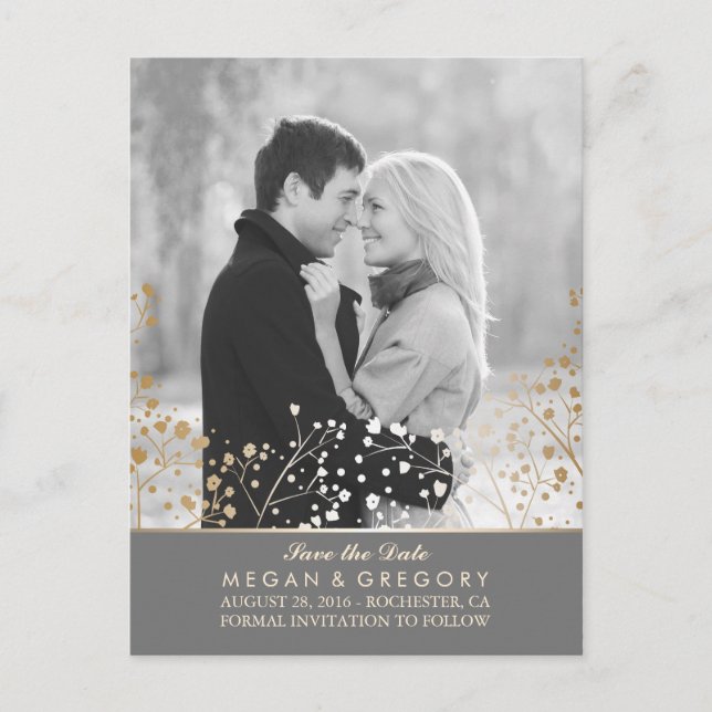 baby's breath gold foil photo save the date announcement postcard (Front)