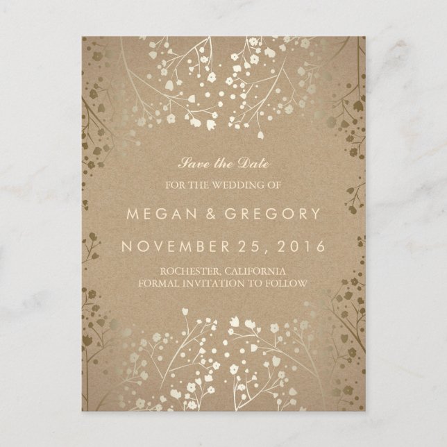 baby's breath gold kraft save the date announcement postcard (Front)