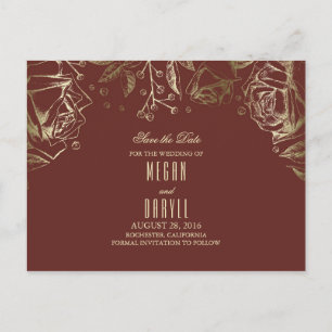 baby's breath gold roses marsala save the date announcement postcard