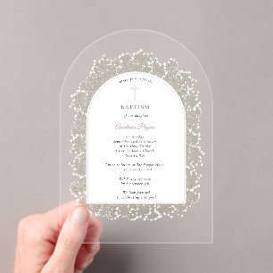 Baby's Breath Greek Orthodox Baptism Pink Girl Acrylic Invitations