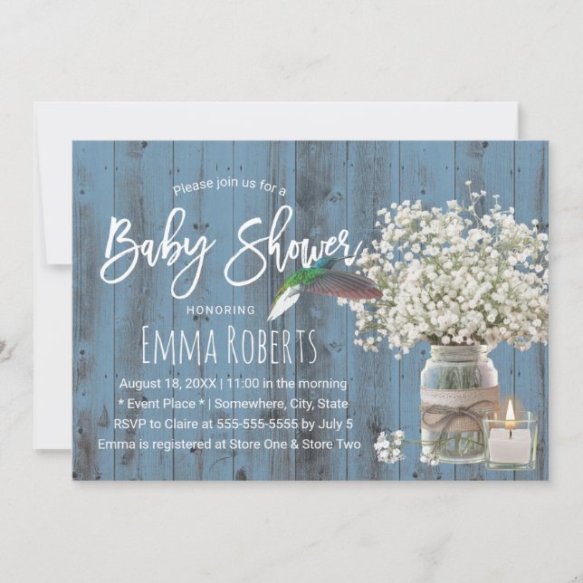Baby's Breath & Hummingbird Dusty Blue Baby Shower Invitation (Front)