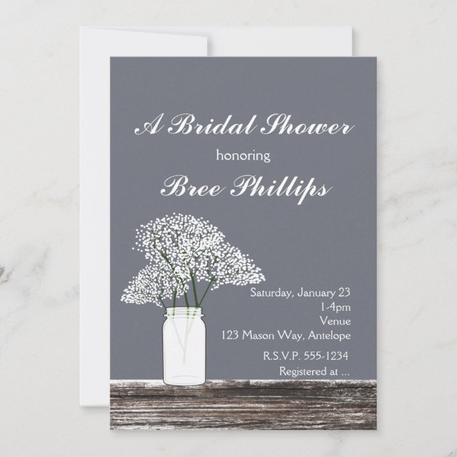 Baby's Breath in Mason Jar Rustic Grey Invitations (Front)