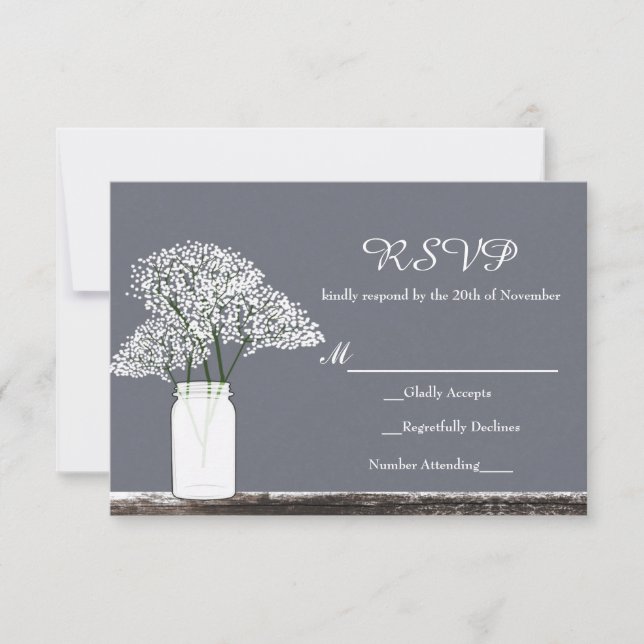 Baby's Breath in Mason Jar Rustic Grey RSVP Card (Front)