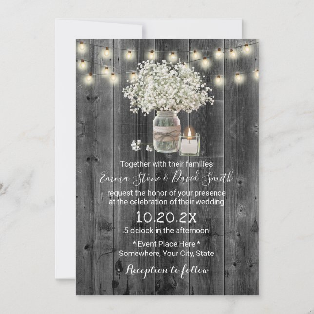Baby's Breath Jar & Candle Rustic Barn Wedding Invitation (Front)