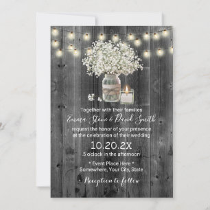 Baby's Breath Jar & Candle Rustic Barn Wedding Invitation