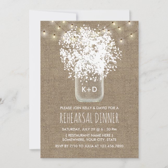 Baby's Breath Jar Rustic Wedding Rehearsal Dinner Invitation (Front)