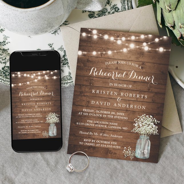 Baby's Breath Jar String Lights Rehearsal Dinner Invitation (Creator Uploaded)