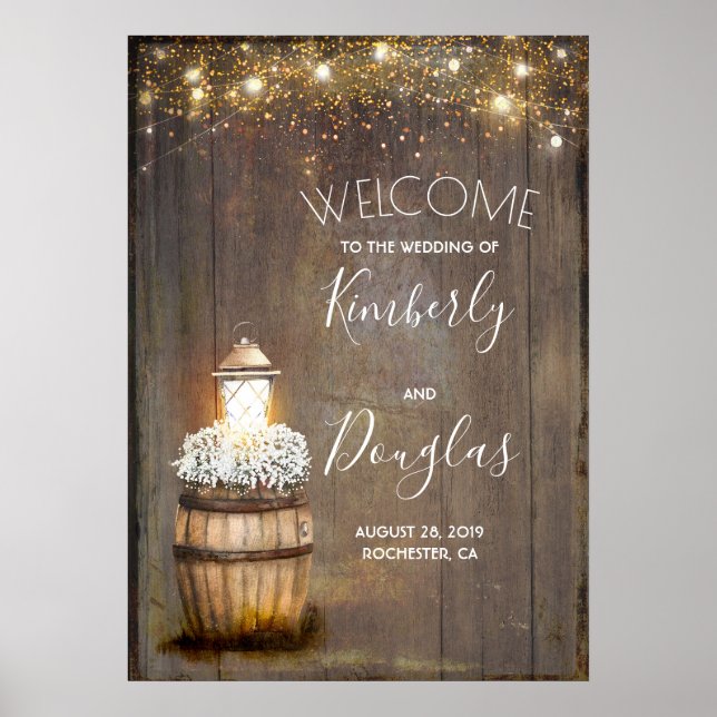 Baby's Breath Lantern Rustic Wedding Welcome Sign (Front)