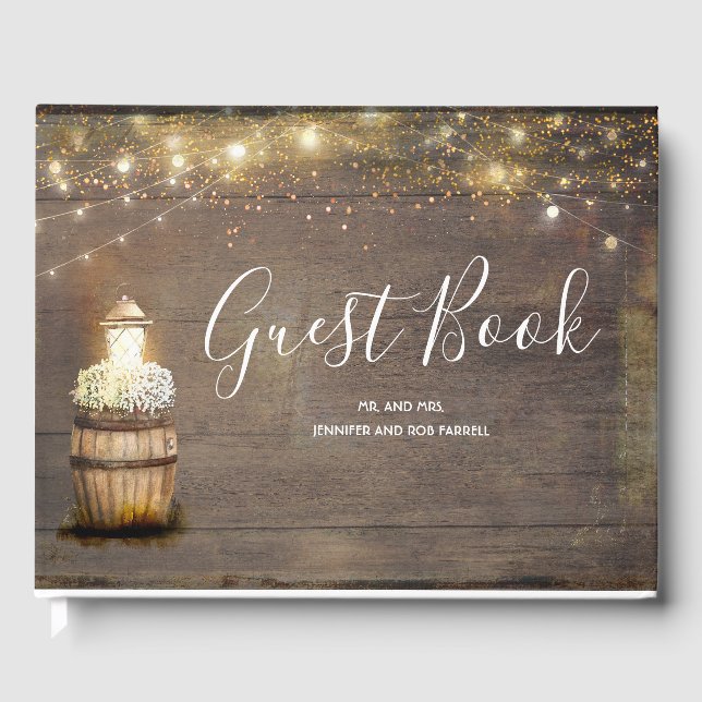 Baby's Breath Lantern Rustic Wine Barrel Wedding Guest Book (Front)