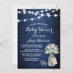 Baby's Breath Lights Rustic Navy Blue Baby Shower Invitation