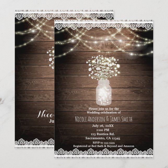 Baby's Breath & Lights Rustic Wedding Invitations (Front/Back)
