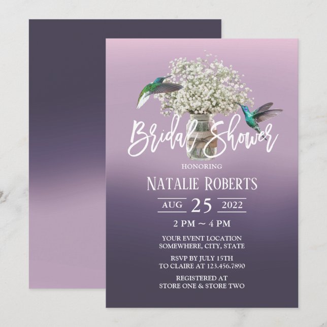 Baby's Breath & Love Birds Purple Bridal Shower Invitation (Front/Back)