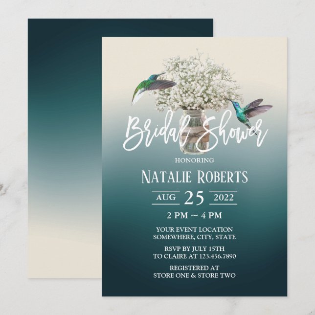 Baby's Breath & Love Birds Teal Bridal Shower Invitation (Front/Back)