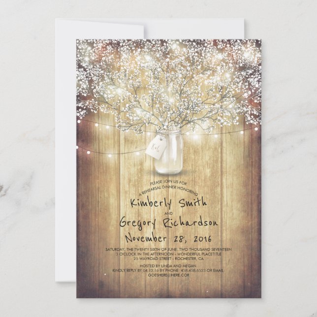Baby's Breath Mason Jar Barn Rehearsal Dinner Invitation (Front)