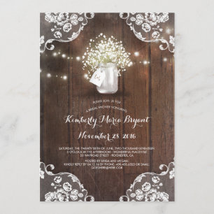 Baby's Breath Mason Jar Barn Wood Bridal Shower Invitation