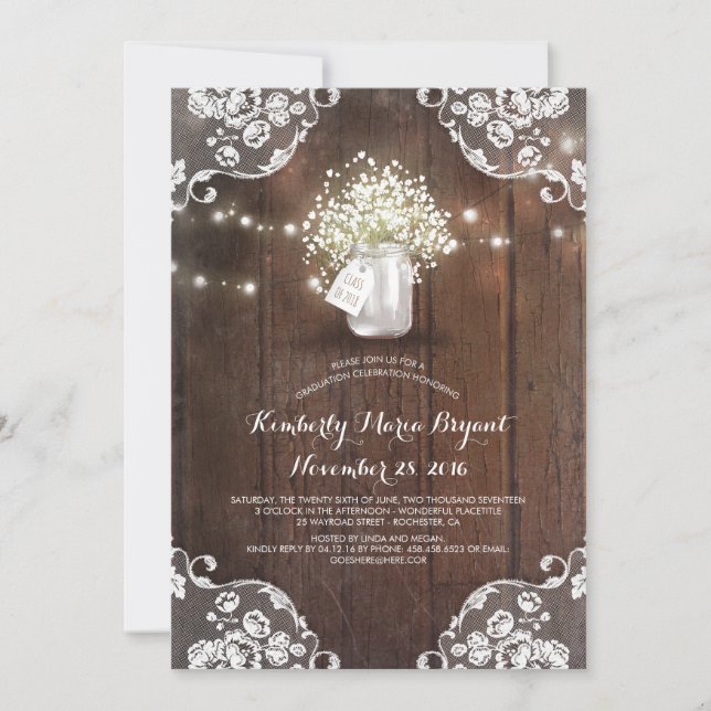 Baby's Breath Mason Jar Barn Wood Graduation Party Invitation (Front)