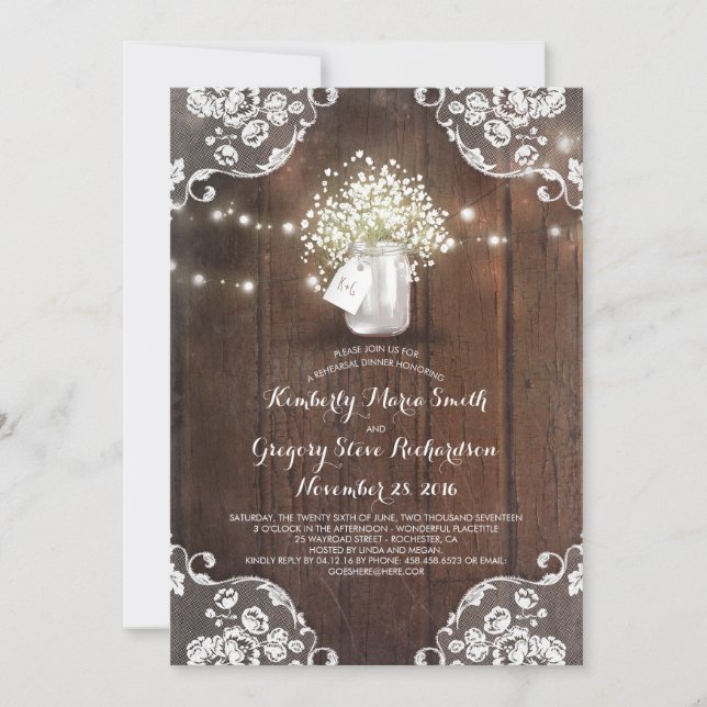 Baby's Breath Mason Jar Barn Wood Rehearsal Dinner Invitation (Front)