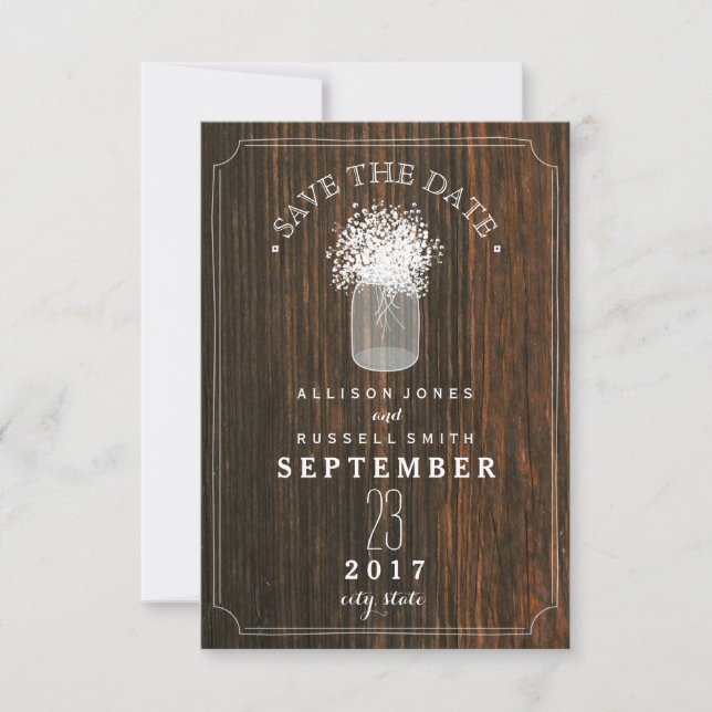 Baby's Breath & Mason Jar Barn Wood Save The Date (Front)
