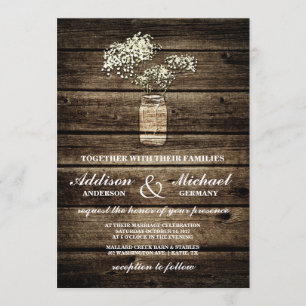 Baby's Breath Mason Jar Barn Wood Wedding Invitation