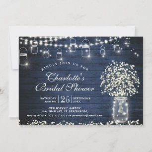 Baby's Breath Mason Jar Blue Rustic Bridal Shower Invitation