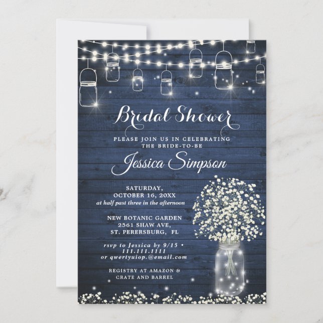 Baby's Breath Mason Jar Blue Rustic Bridal Shower Invitation (Front)