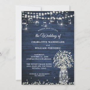 Baby's Breath Mason Jar Blue Wood Wedding QR code Invitation