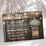 Baby's Breath Mason Jar Country Rustic Wedding Invitation<br><div class="desc">The bohemian feel of a rustic wedding often calls for unique and thoughtfully designed invitations. Featuring a country barn, dark oak barrel background, string lights, mason jars, baby breath flowers, burlap fabric with the couple’s initials stamped over the top, and modern wedding wording are a great way to create a...</div>