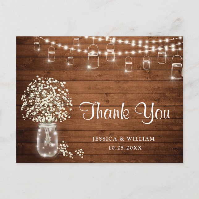 Baby's Breath Mason Jar Lights Rustic Thank You Postcard (Front)