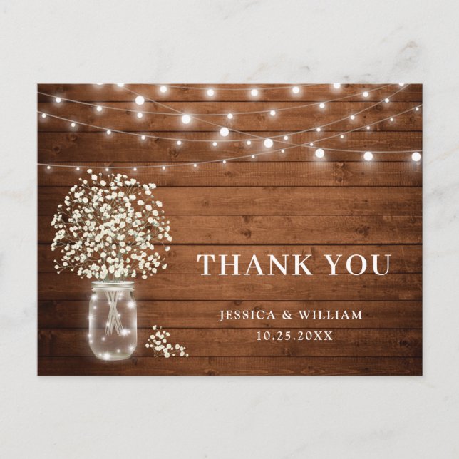 Baby's Breath Mason Jar Lights Rustic Thank You Postcard (Front)