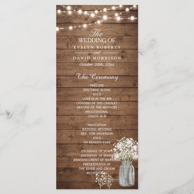 Baby's Breath Mason Jar Lights Wedding Program Programme (Front)