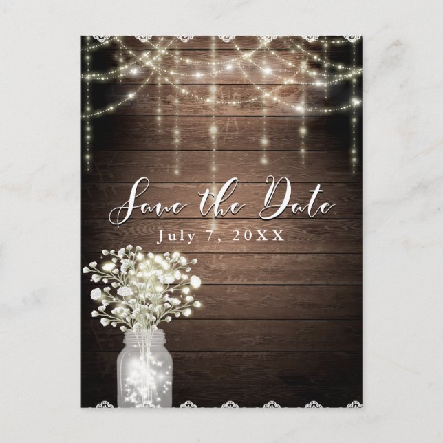 Baby's Breath Mason Jar Lights Wood Save the Date Announcement Postcard (Front)