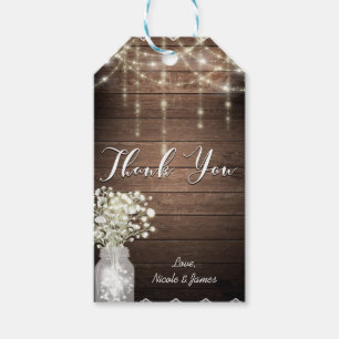 Baby's Breath Mason Jar Lights & Wood Wedding Gift Tags