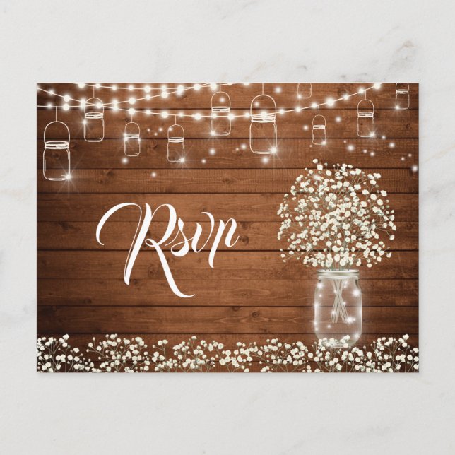 Baby's Breath Mason Jar RSVP Card with Meal Choice (Front)