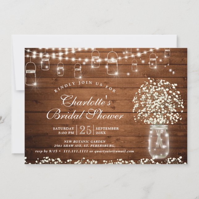 Baby's Breath Mason Jar Rustic Bridal Shower Invitation (Front)