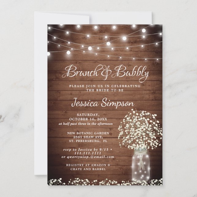 Baby's Breath Mason Jar Rustic Brunch & Bubbly Invitation (Front)