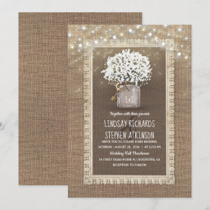 Baby's Breath Mason Jar Rustic Burlap Lace Wedding Invitation
