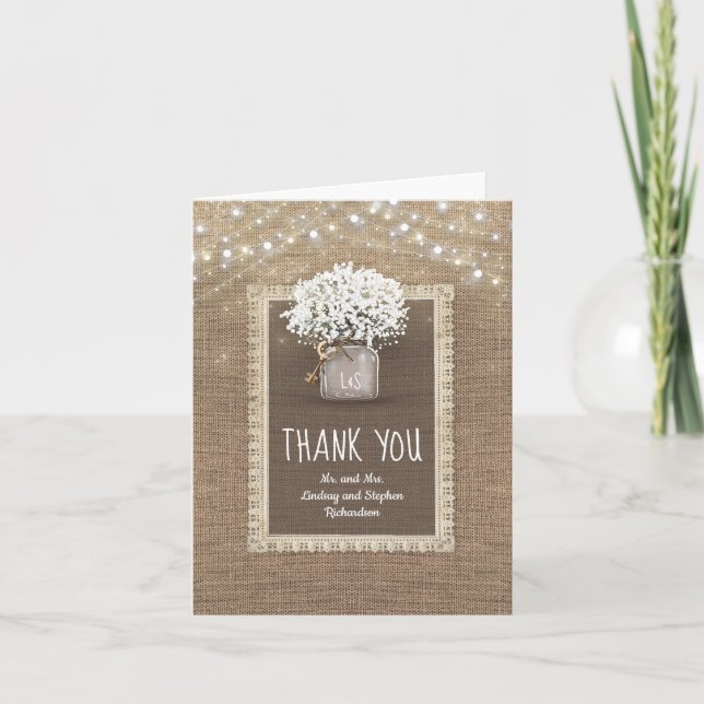 Baby's Breath Mason Jar Rustic Burlap Thank You (Front)