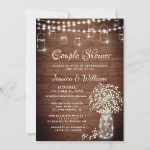 Baby's Breath Mason Jar Rustic Couple Shower Invitation