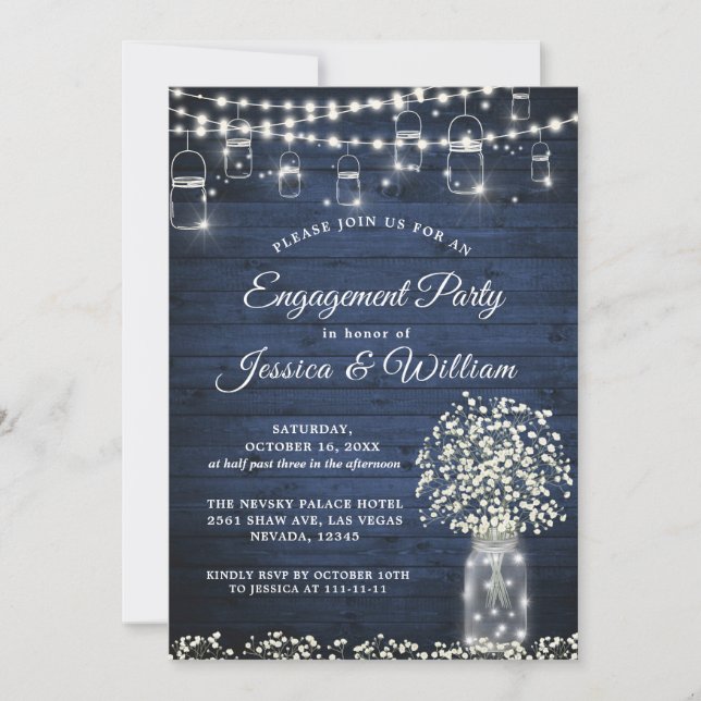 Baby's Breath Mason Jar Rustic Engagement Party Invitation (Front)