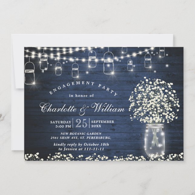 Baby's Breath Mason Jar Rustic Engagement Party Invitation (Front)