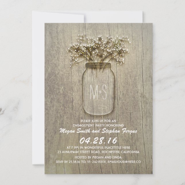 Baby's Breath Mason Jar Rustic Engagement Party Invitation (Front)