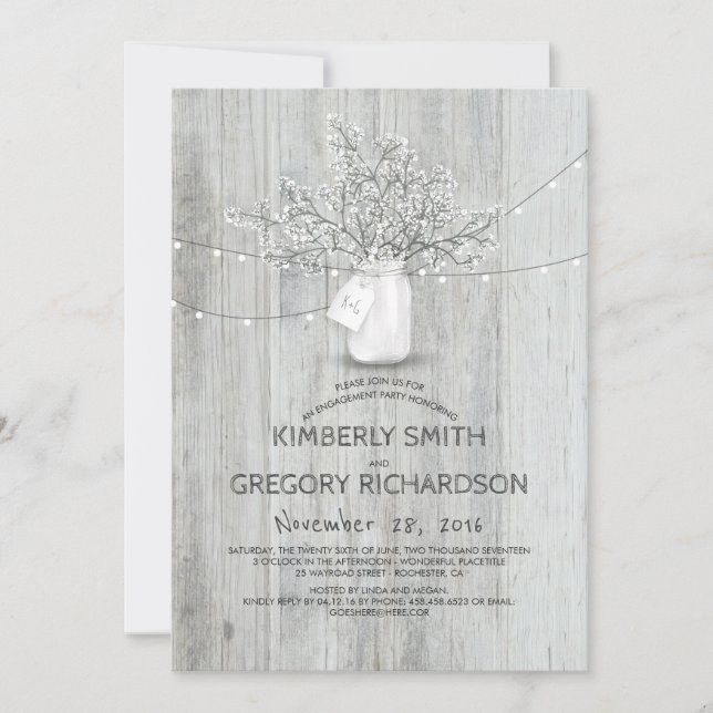 Baby's Breath Mason Jar Rustic Engagement Party Invitation (Front)