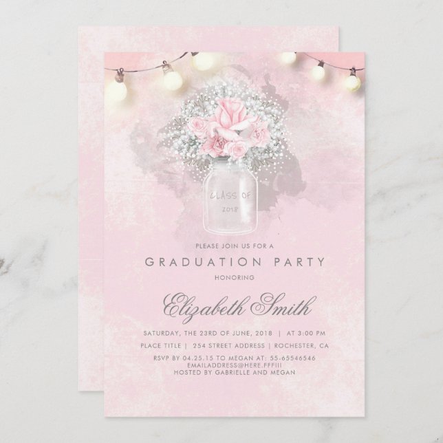 Baby's Breath Mason Jar Rustic Graduation Party Invitation (Front/Back)