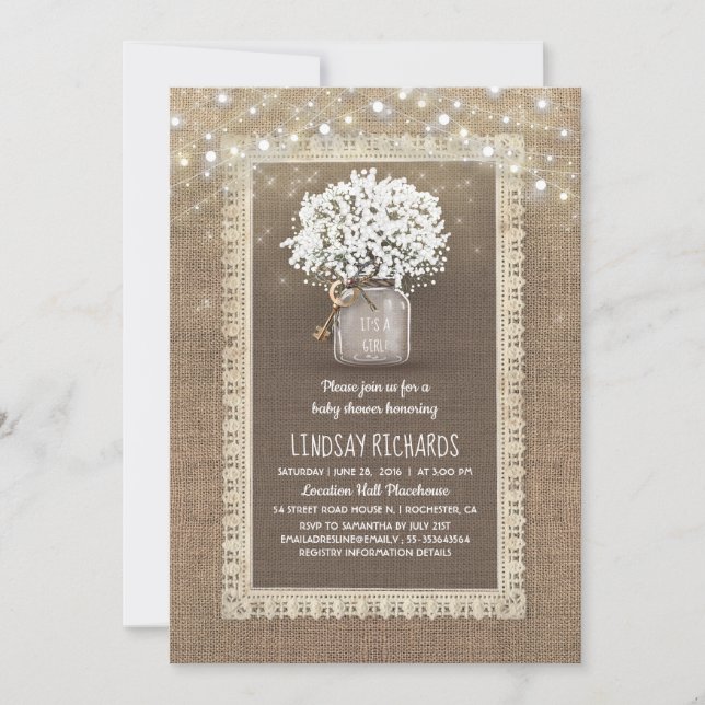 Baby's Breath Mason Jar Rustic Lace Baby Shower Invitation (Front)