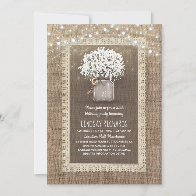 Baby's Breath Mason Jar Rustic Lace Birthday Party Invitation (Front)