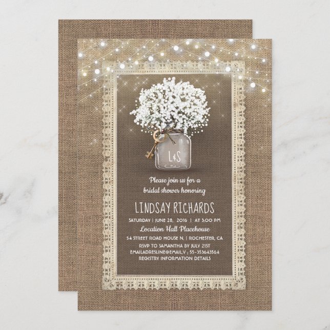 Baby's Breath Mason Jar Rustic Lace Bridal Shower Invitation (Front/Back)