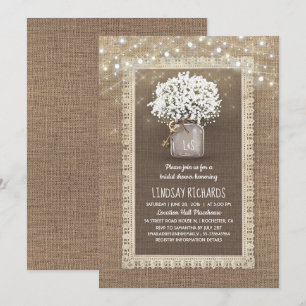 Baby's Breath Mason Jar Rustic Lace Bridal Shower Invitation