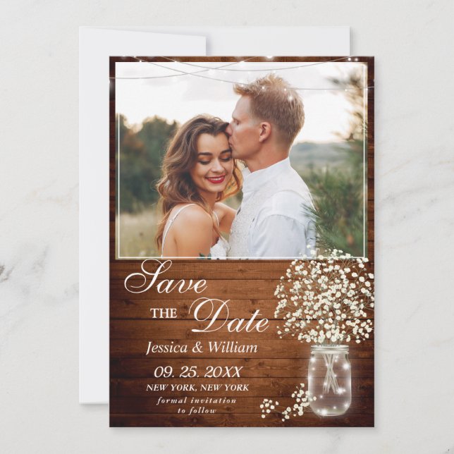 Baby's Breath Mason Jar Rustic Photo Wedding Save The Date (Front)