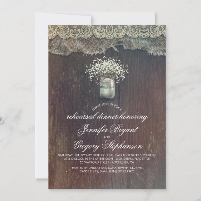 Baby's Breath Mason Jar Rustic Rehearsal Dinner Invitation (Front)
