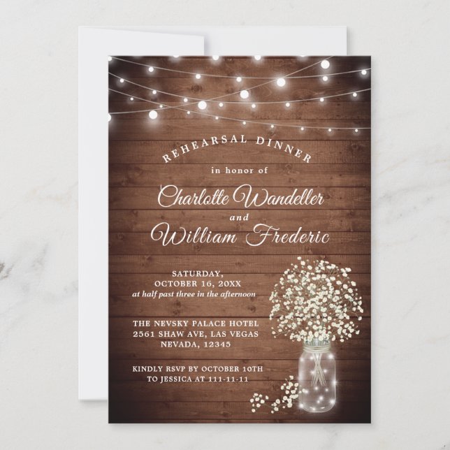 Baby's Breath Mason Jar Rustic Rehearsal Dinner Invitation (Front)